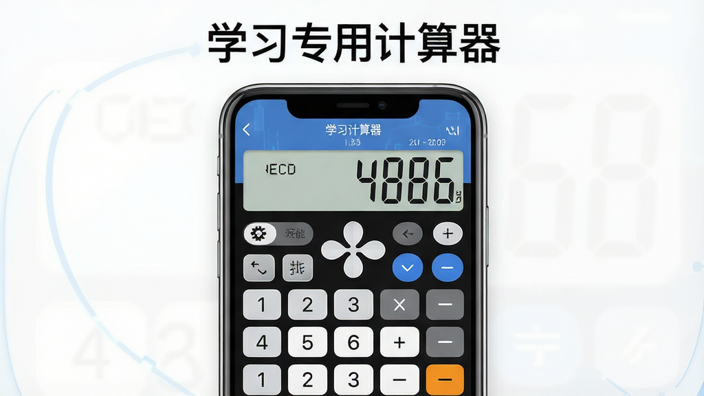 一张展示学习专用计算器软件界面的预览图,画面中央是手机屏幕,屏幕内显示学习专用计算器的按键面板与数字显示区域,主体突出计算器界面,布局为居中构图,上方留白放置软件名称“学习专用计算器”,风格为简洁明亮的科技风,细节包含数字键、运算符号键、显示屏、功能切换按钮,画质清晰,干净,无多余元素