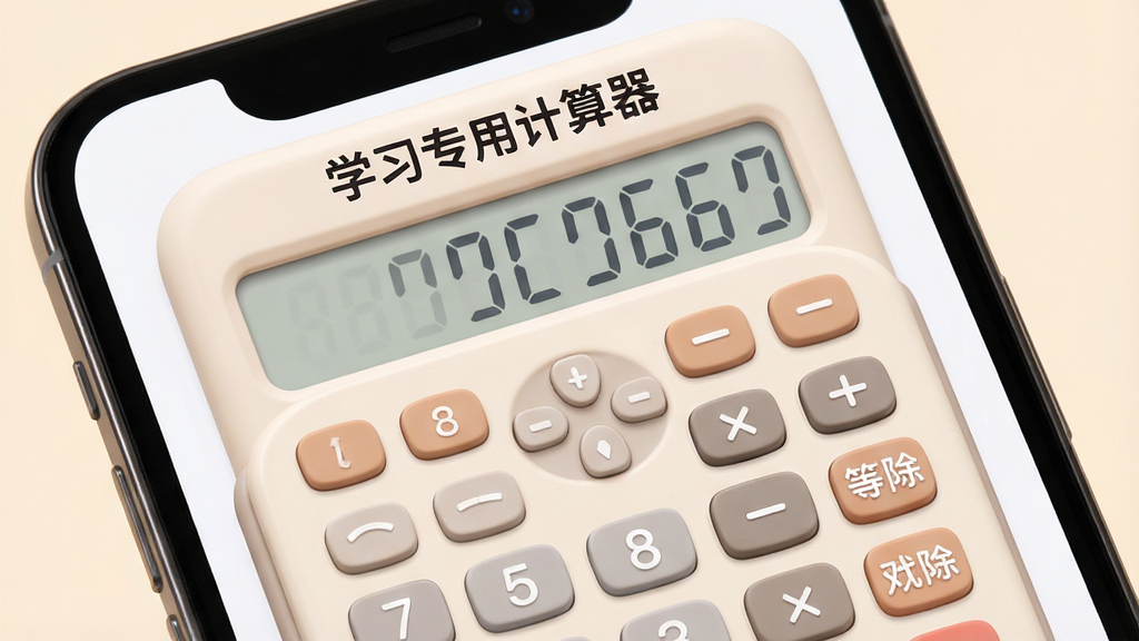 一张学习专用计算器按键布局特写图,画面主体为学习专用计算器在手机屏幕上的按键面板,布局为网格状排列,顶部显示“学习专用计算器”名称,风格为柔和圆角学习工具风,细节包含数字键、加减乘除键、括号键、等号键、清除键、显示屏,画质清晰,干净,无多余元素