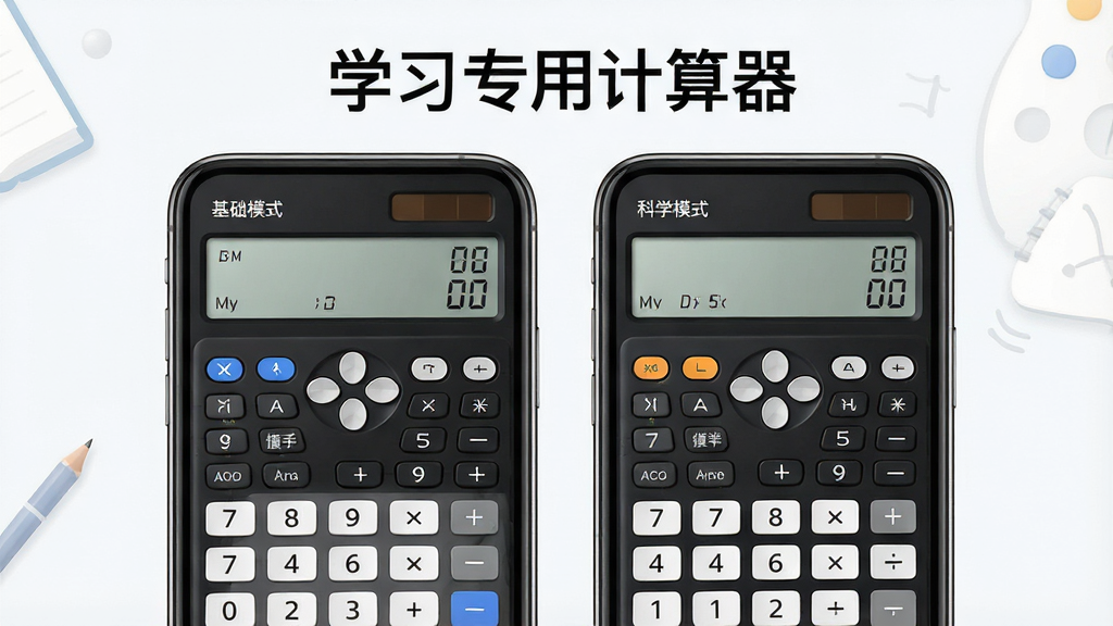 一张学习专用计算器功能展示图,画面主体为学习专用计算器在手机屏幕上的多模式切换界面,布局为上下结构,上方显示“学习专用计算器”文字,下方展示基础模式与科学模式两个面板,风格为清爽简约的学习工具风格,细节包含模式切换按钮、数字键盘、函数按键、显示屏区域,画质清晰,干净,无多余元素