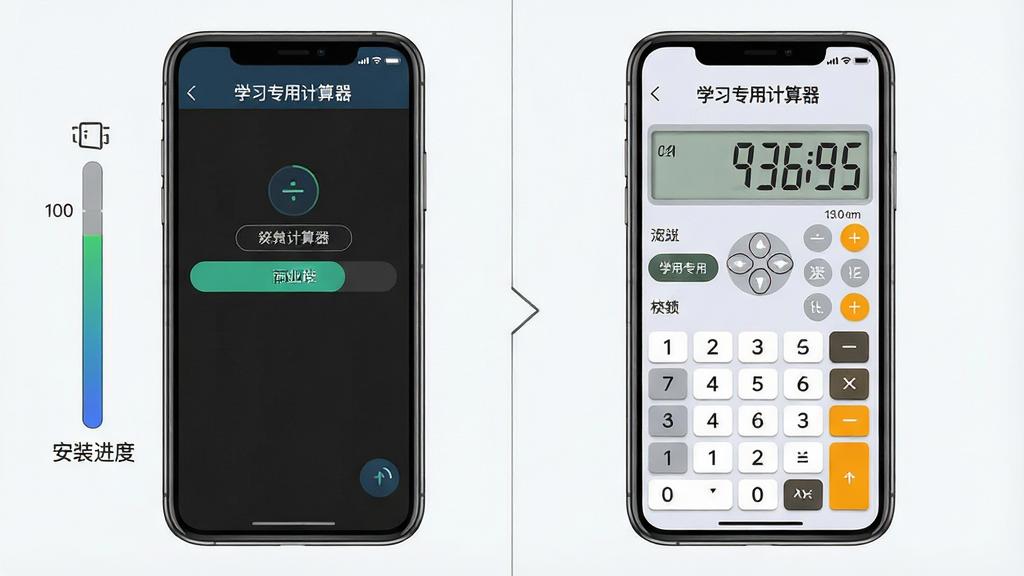 一张学习专用计算器安装与使用步骤示意图,画面主体为手机屏幕展示学习专用计算器的安装界面和使用界面,布局为左右分栏,左侧显示安装进度条,右侧显示计算器主界面,风格为清晰直观的教程风格,细节包含“学习专用计算器”文字、安装按钮、数字键盘、显示屏,画质清晰,干净,无多余元素