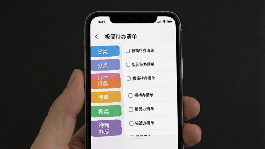 手机屏幕显示“极简待办清单”分类管理界面,左侧为分类标签栏,右侧为对应待办事项列表,不同分类使用不同颜色标记,界面布局清晰,风格简约现代,适合软件功能展示