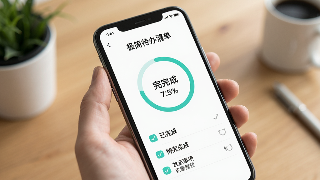 手机屏幕展示“极简待办清单”数据统计页面,圆形进度条显示完成百分比,下方列出已完成和待完成事项数量,界面简洁,配色清新,适合软件功能介绍配图
