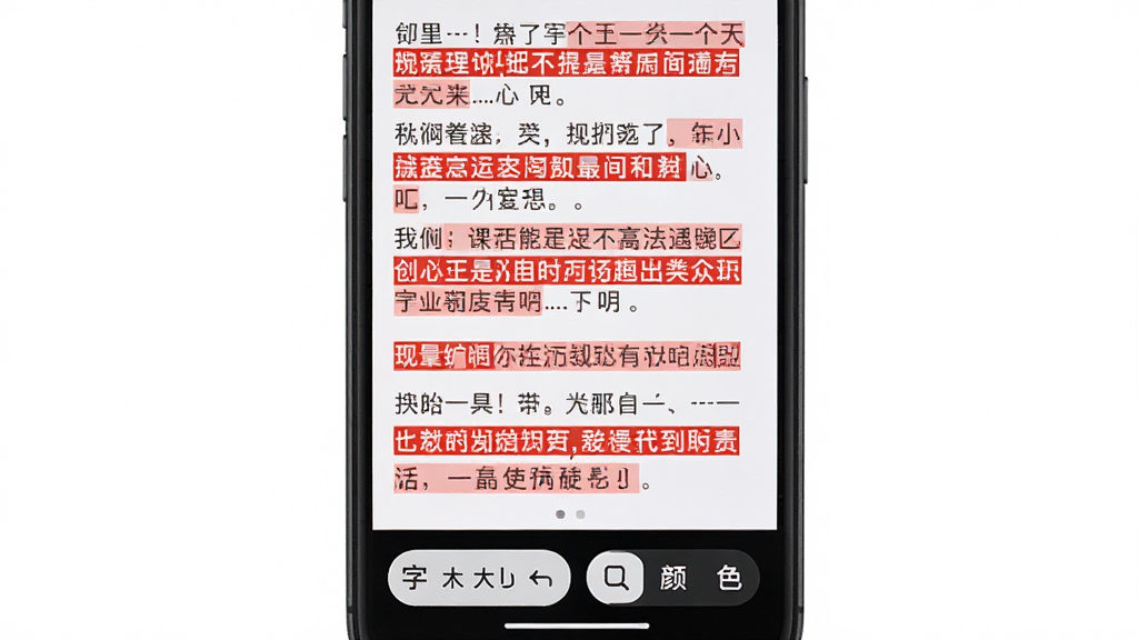 录制提词器文本编辑界面,手机屏幕上显示一段分段清晰的台词文本,部分文字被标记为红色高亮,屏幕下方有字体大小和颜色选择按钮,布局为手机竖屏界面展示,风格为简洁工具类应用风格,细节包含文本排版整齐、高亮标注醒目、按钮图标清晰,画质高清,干净,无多余元素