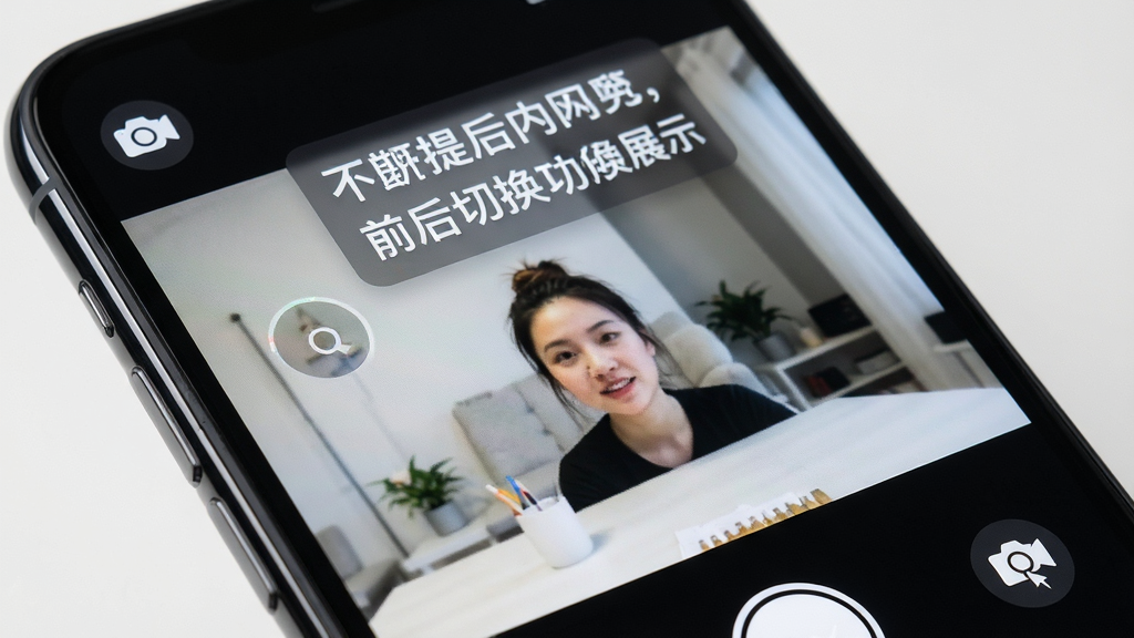 录制提词器应用内前后摄像头切换功能展示,画面主体为手机屏幕显示相机预览画面,画面角落有摄像头切换图标,屏幕上方悬浮着提词文字,布局为手机界面特写,风格为数码产品功能展示,细节包含镜头切换按钮高亮、预览画面清晰、悬浮文字半透明,画质高清,干净,无多余元素