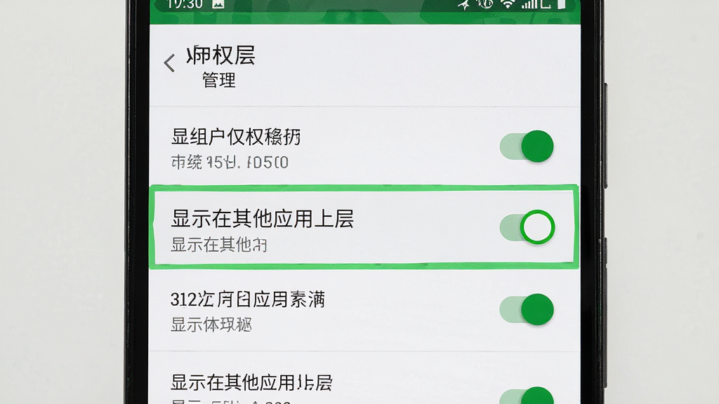 一张展示安卓手机权限设置界面的截图,画面主体是手机屏幕显示应用权限管理页面,其中「显示在其他应用上层」权限被高亮标注为已开启状态,布局为手机界面居中展示,风格为系统设置界面截图风格,细节包含权限开关绿色高亮、列表清晰、背景为白色设置页,画质高清,干净,无多余元素