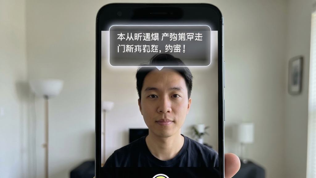 一部安卓手机正在使用录制提词器进行视频拍摄,手机屏幕上方悬浮着半透明的台词文字框,下方是相机取景画面显示人物半身像,人物眼神自然看向镜头方向,背景是简洁的室内环境,画面布局为手机正面特写居中,风格为真实使用场景展示,细节包含悬浮窗边缘柔和光晕、文字清晰锐利、人物表情自然,画质高清,干净,无多余元素