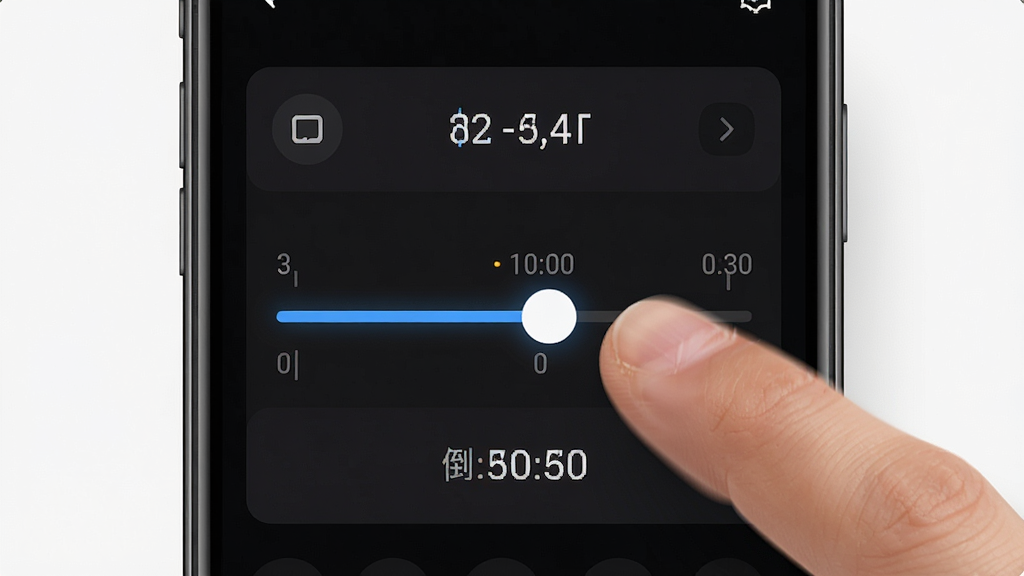 录制提词器应用内的滚动速度设置界面,画面主体是手机屏幕显示速度调节滑块和倒计时选项,屏幕旁边有手指正在拖动滑块的动态效果,布局为手机界面特写居中,风格为扁平化UI展示,细节包含滑块高亮、数字刻度清晰、背景为深色护眼模式,画质高清,干净,无多余元素