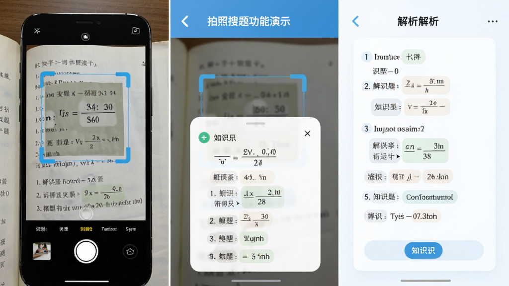 ConTutor拍照搜题功能演示,主体为手机摄像头对准课本题目,屏幕显示识别框与解题步骤弹窗,布局为左中右三栏分别展示拍摄、识别、解析过程,排版整齐,风格为清新教育科技风,细节包含清晰的文字公式、步骤编号、知识点标签,画质高清,干净,无多余元素