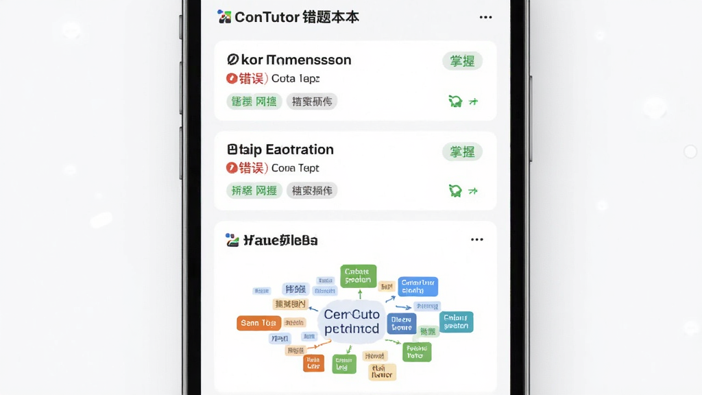 ConTutor错题本与知识点归纳界面,主体为手机屏幕展示错题列表与知识点标签云,布局为上下结构,上部为错题卡片列表,下部为知识点统计图表,排版清晰,风格为简约学习工具风,细节包含红色错误标记、绿色掌握标记、分类标签,画质高清,干净,无多余元素