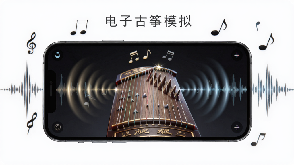 一张以“电子古筝模拟”为主题的AI生图,画面主体是一部手机横屏显示古筝琴弦界面,布局为手机居中,周围漂浮着音符与声波纹理,排版简洁,风格现代科技与传统乐器结合,细节包含琴弦上的高光与音波扩散效果,画质清晰,干净,无多余元素