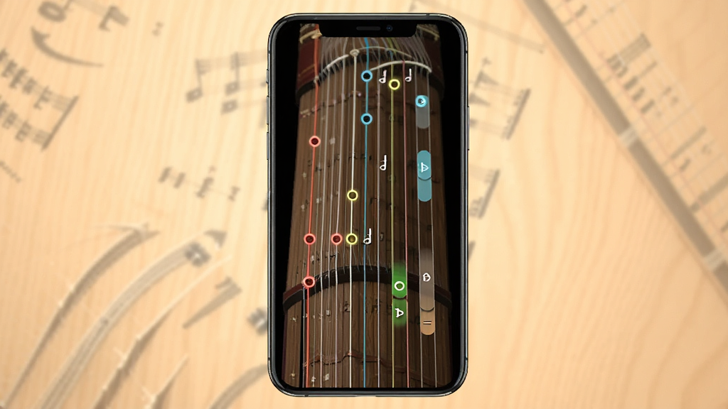 一张展示电子古筝模拟曲谱跟弹模式的图片,画面主体是手机屏幕显示滚动曲谱与琴弦对应提示,布局为手机居中,背景为柔和暖色,排版清晰,风格简约教学风,细节包含高亮琴弦与滚动音符条,画质清晰,干净,无多余元素