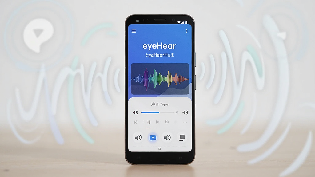 ����Ϊһ����׿�ֻ������������ϣ���Ļ��ʾeyeHear�����������棬�������в�ɫ�������ӻ�ͼ����������ʾ������Ϊ���й�ͼ���ֻ�ռ�ݻ������壻�Ű�Ϊ���棬�����ɾ������Ϊ�Ƽ�������ܰ�н�ϣ�ɫ��������Ϊ����ϸ�ڰ����ֻ���Χ�е�������������ͼ�ꡢ��������ʾ��eyeHear��������������������������ͼ�ꣻ�����������ɾ����޶���Ԫ��