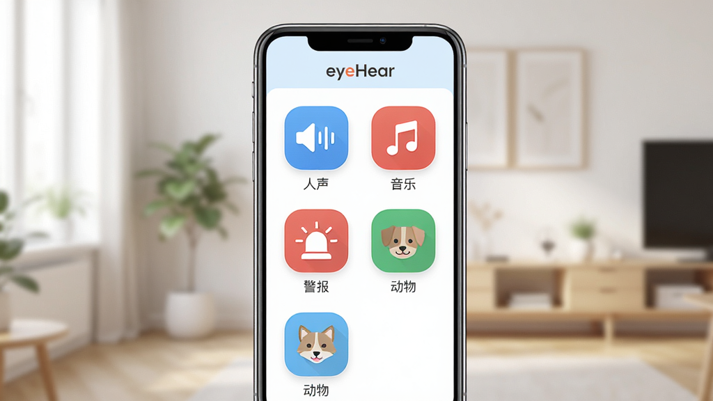 ����ΪeyeHear��������չʾ����ʶ����๦�ܣ���Ļ���ж������ͼ������ֱ�ǩ������Ϊ�ֻ�����ͼ������Ϊ�������ڳ������Ű�Ϊ���棻���Ϊ���¼�Լ��ϸ�ڰ���ͼ���С������������֡���������������ȣ����涥���С�eyeHear����ʶ�������������ɾ����޶���Ԫ��