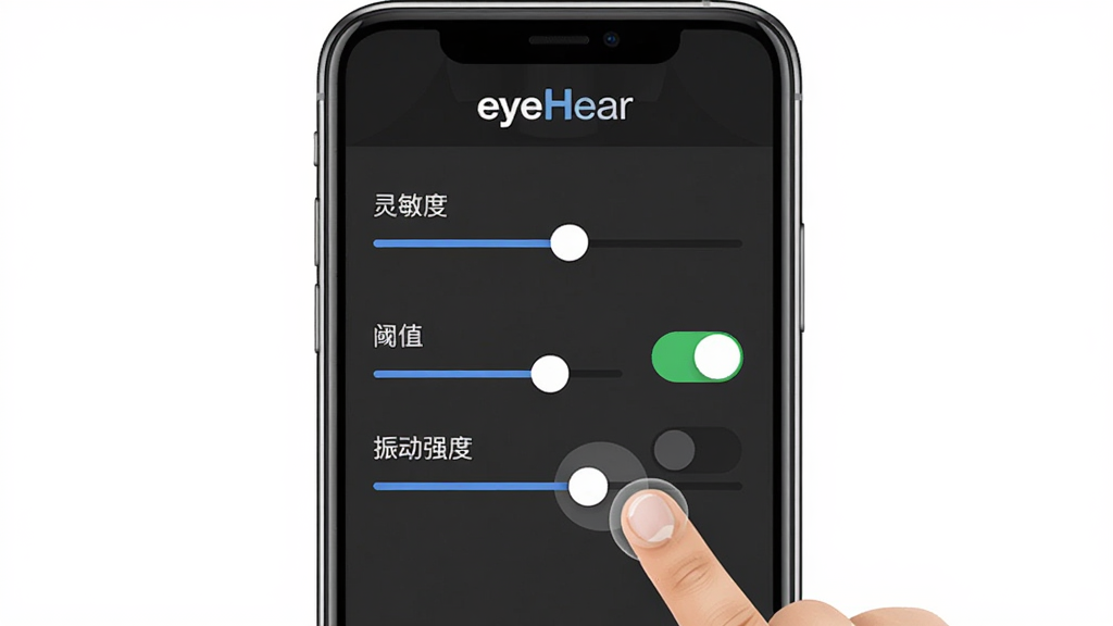 ����ΪeyeHear���������ý����ͼ����Ļ���л������Ϳ��ذ�ť������Ϊ�ֻ�������У��Ա�����ָ�����������ʾ�⣻�Ű�Ϊ��棻���Ϊ��๤�߷磻ϸ�ڰ����������С������ȡ�����ֵ������ǿ�ȡ������֣������С�eyeHear��logo�������������ɾ����޶���Ԫ��