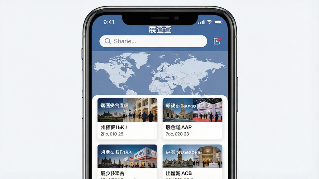 一张展示全球展会信息查询的手机应用界面图,画面中央是手机屏幕,屏幕内显示“展查查”APP的首页,有世界地图背景和各类展会卡片列表,卡片上标注着不同国家的展会名称和日期,主体为手机和APP界面,布局居中,排版简洁,风格为现代科技感,细节包括搜索栏、导航栏和展会缩略图,画质清晰,干净,无多余元素