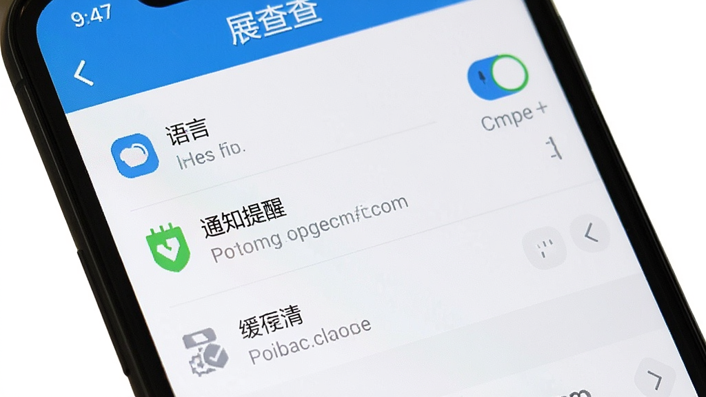 一张手机屏幕截图,显示“展查查”APP的设置页面,其中有语言切换、通知提醒、缓存清理等选项,主体为手机界面,布局清晰,排版规整,风格为实用工具类,细节包括图标和文字说明,画质清晰,干净,无多余元素