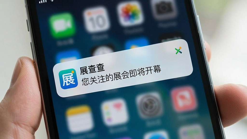 一张展示手机通知提醒界面的图片,手机屏幕上显示“展查查”的推送通知,内容为“您关注的展会即将开幕”,主体为手机和通知卡片,布局简洁,排版清晰,风格为日常使用场景,细节包括通知图标和文字,画质清晰,干净,无多余元素