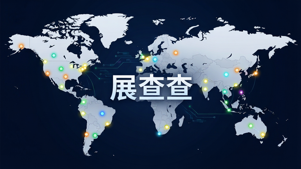 一张以世界地图为背景的插画,地图上分布着许多发光的圆点,代表全球各地的展会地点,画面中央有“展查查”字样,主体为地图与光点,布局开阔,排版大气,风格为商务科技,细节包括不同颜色的光点代表不同行业,画质清晰,干净,无多余元素
