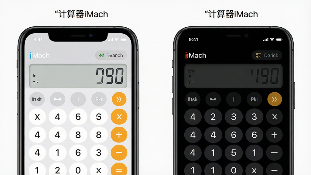 一张展示“计算器iMach”深色模式与浅色模式对比的界面图,画面左右分屏布局,左侧手机显示浅色主题计算器界面,右侧手机显示深色主题计算器界面,界面中数字按键清晰,风格简约现代,背景为纯白色,画质高清,干净整洁,无多余元素