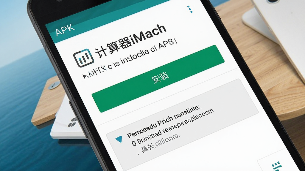 一张展示“计算器iMach”在安卓手机上安装过程的示意图,画面为手机屏幕特写,显示APK安装界面,界面中有“安装”按钮和权限提示,背景为干净的桌面,风格简洁明了,画质高清,干净无多余元素