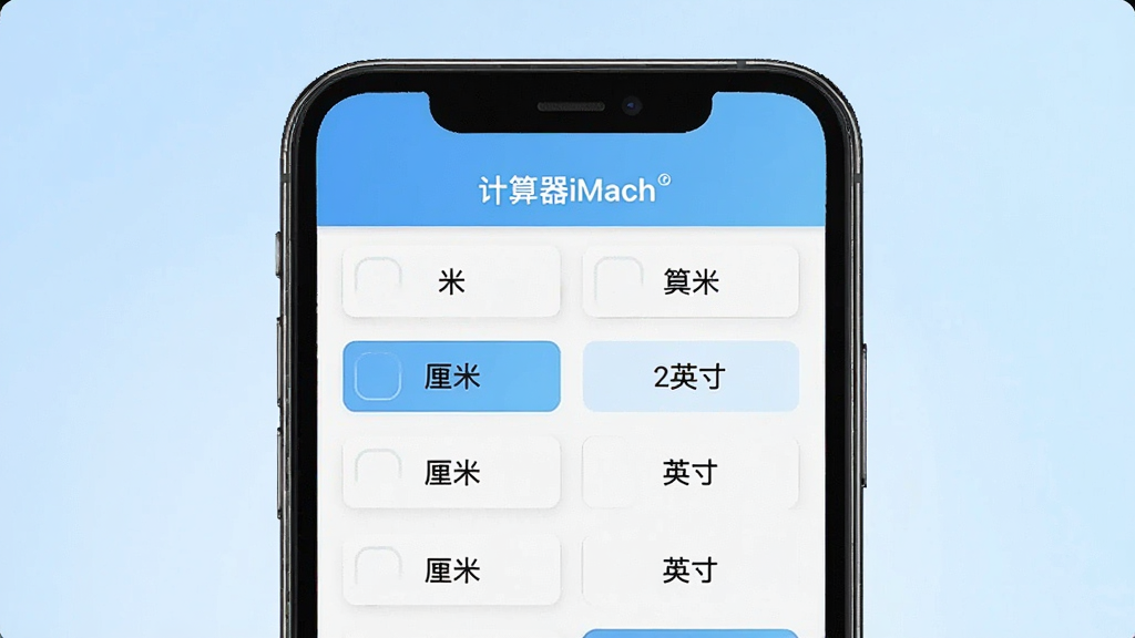 一张展示“计算器iMach”单位换算功能的界面图,画面中央为手机屏幕,屏幕内显示长度单位换算界面,包含米、厘米、英寸等单位选项,界面风格清爽,背景为淡蓝色渐变,画质高清,细节清晰,干净无多余元素