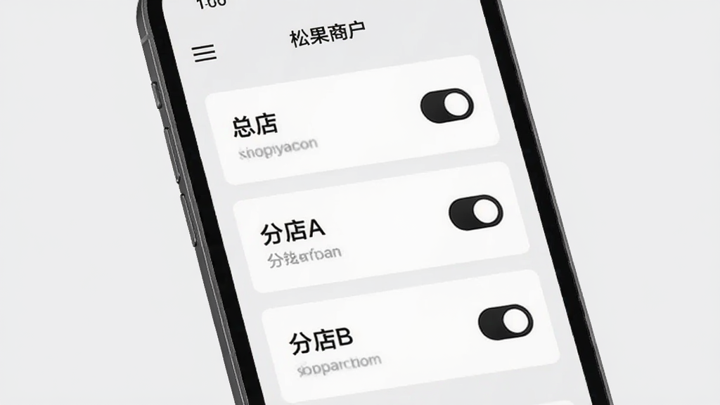 一部智能手机屏幕中显示“松果商户”的多店铺切换界面,画面中有三个店铺卡片纵向排列,分别标注为“总店”“分店A”“分店B”,每个卡片右侧有切换按钮,背景为浅灰色,整体风格简约商务,画质清晰,无多余元素