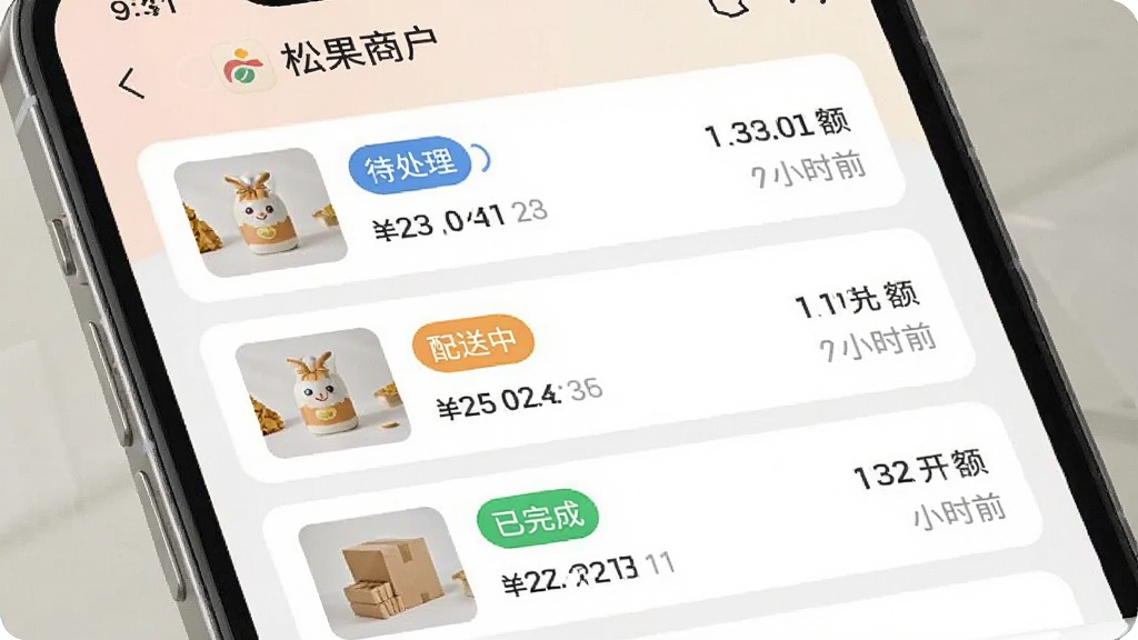 一张手机界面截图,展示“松果商户”的订单列表页面,页面中有三条订单记录,分别用不同颜色标签标注“待处理”“配送中”“已完成”,每条订单显示商品缩略图、金额与时间,界面采用卡片式布局,配色柔和,画质清晰,无多余元素