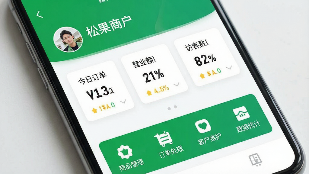 一张展示手机屏幕的图片,屏幕上显示“松果商户”应用的主界面,界面布局为顶部店铺名称与头像,中部为今日订单、营业额、访客数三个数据卡片,底部为商品管理、订单处理、客户维护、数据统计四个功能图标,整体采用绿色与白色搭配的清新商务风格,画面干净整洁,画质清晰,无多余元素