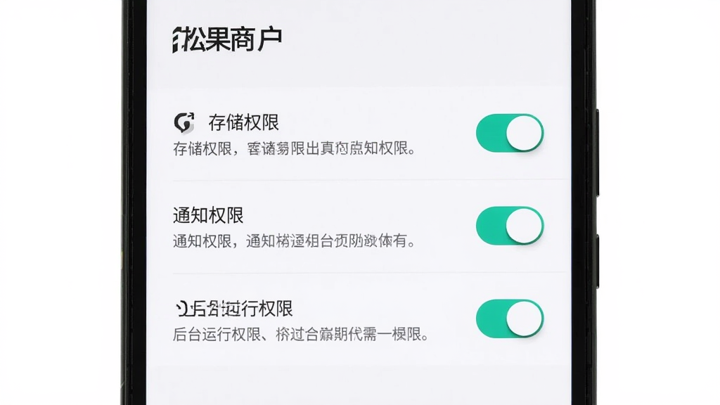 一部安卓手机显示“松果商户”的权限设置引导页面,页面中有存储权限、通知权限、后台运行权限三个开关选项,每个选项下方有简要说明文字,界面风格简洁,背景为白色,画质清晰,无多余元素