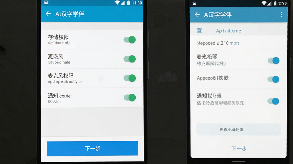 AI汉字学伴安装设置界面截图,主体为手机屏幕显示权限管理页面,布局为竖向列表排列各项权限开关,排版简洁清晰,风格为安卓系统设置界面与App引导页结合,细节包括存储权限、麦克风权限、通知权限的开关状态,底部有“下一步”按钮,画质高清,干净,无多余元素