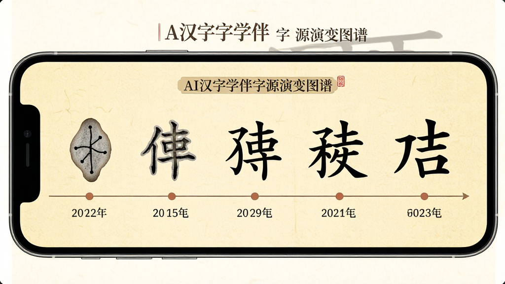AI汉字学伴字源演变图谱界面,主体为手机屏幕展示汉字演变时间轴,布局为横向时间轴排列甲骨文到楷书的字形变化,排版清晰有序,风格为文化教育类App复古与现代结合的设计,细节包括每个字形下方标注年代名称、背景为淡黄色宣纸质感、顶部有汉字标题,画质高清,干净,无多余元素
