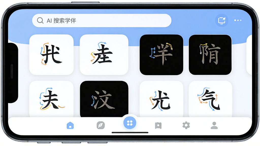 AI汉字学伴软件主界面全貌展示,主体为一部安卓手机屏幕,屏幕中显示AI汉字学伴应用首页,页面布局包含顶部搜索栏、汉字卡片网格和底部导航栏,排版清晰整齐,风格为现代简约教育类App设计,细节包括柔和的蓝白配色、圆角图标、汉字笔顺动画示意,画质高清,干净,无多余元素