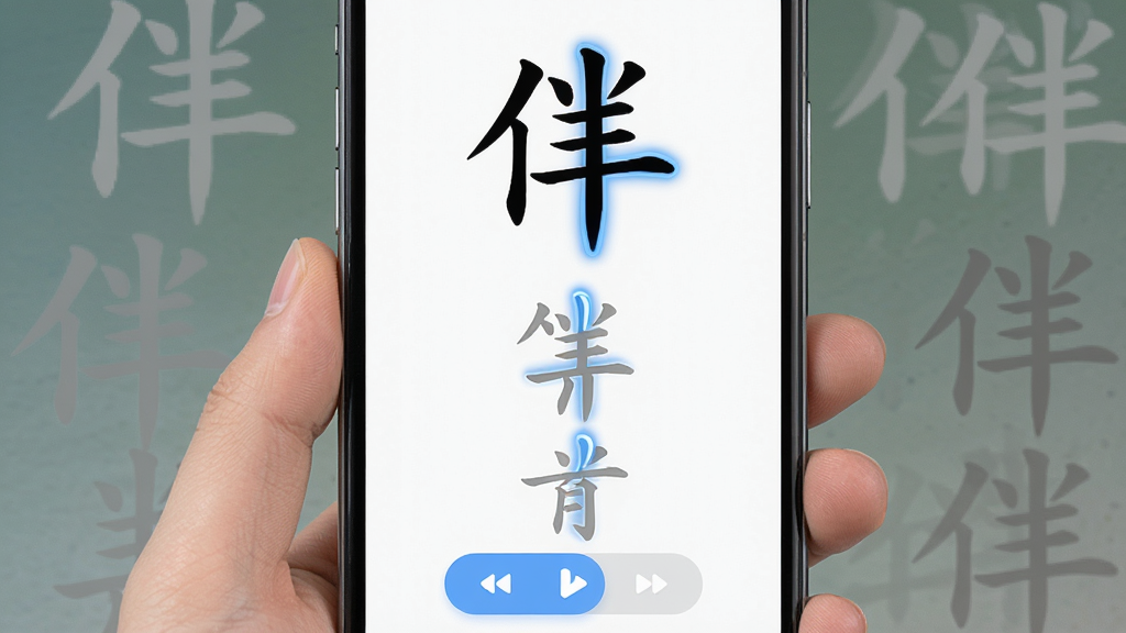 AI汉字学伴笔顺演示功能界面,主体为手机屏幕特写,屏幕中展示一个汉字正在播放笔顺动画,布局为上方大字显示汉字、下方逐笔拆解步骤,排版竖向排列,风格为教育类App清新界面,细节包括蓝色高亮当前笔画、灰色已写笔画、圆角按钮控制播放速度,画质高清,干净,无多余元素