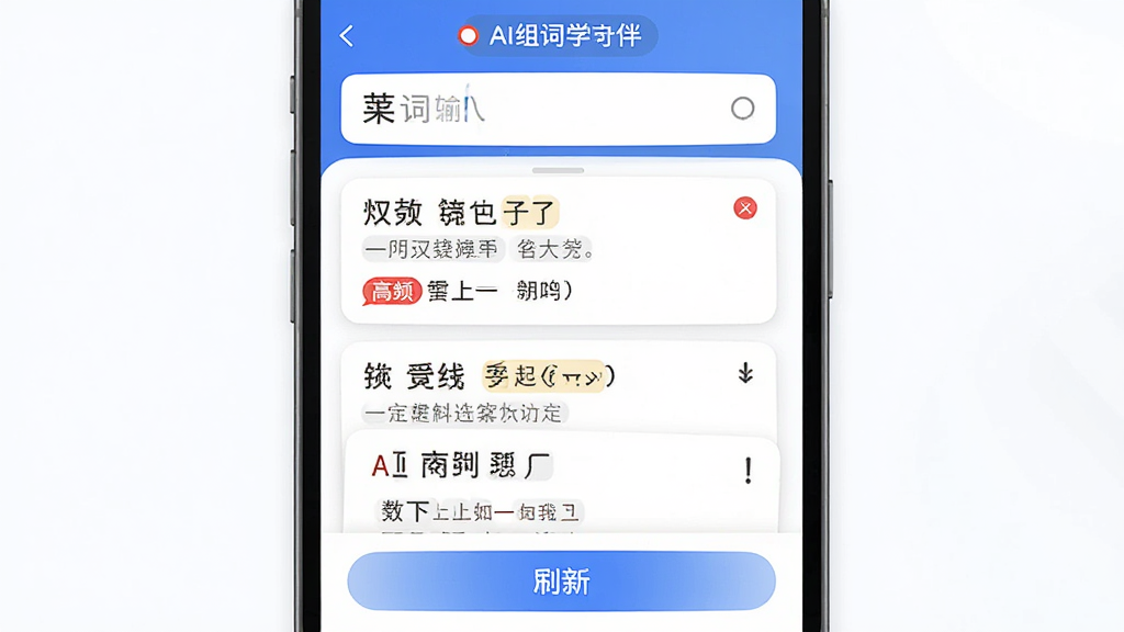 AI汉字学伴AI组词造句功能界面,主体为手机屏幕显示汉字组词结果列表,布局为上方输入框、下方词组卡片流式排列,排版错落有致,风格为智能教育App现代扁平化设计,细节包括每个词组配有例句缩略展示、高频词标红、底部有刷新按钮,画质高清,干净,无多余元素