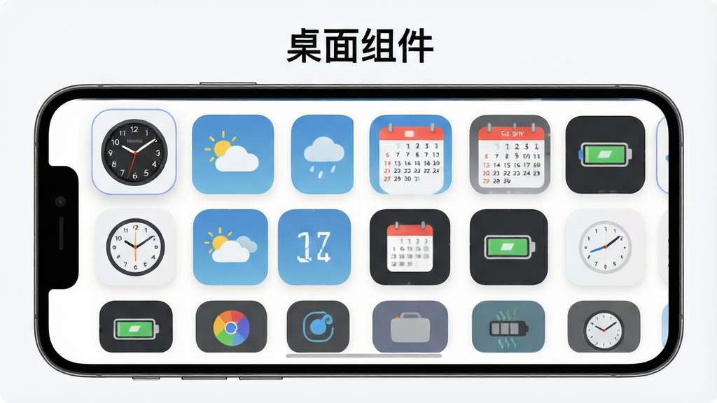 一张展示桌面组件应用内部组件库界面的图片,画面中手机屏幕显示一个网格状排列的组件选择面板,每个格子内展示不同样式的时钟、天气、日历、电池等小部件缩略图。整体布局清晰有序,风格简洁明快,细节上每个组件缩略图都有圆角边框和浅色背景,画质高清,干净无多余元素,图片上方标题文字“桌面组件”。