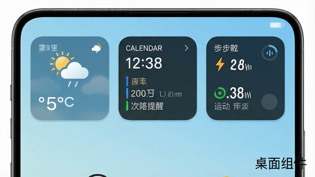 一张展示手机桌面实时信息组件的图片,画面中手机屏幕上方横向排列三个组件:左侧是天气组件显示温度与天气图标,中间是日历组件显示日期与日程提醒,右侧是步数组件显示运动数据。背景为浅蓝色渐变桌面壁纸,风格清爽科技感,细节上组件内文字清晰锐利,画质高清,干净无多余元素,图片角落标注“桌面组件”。