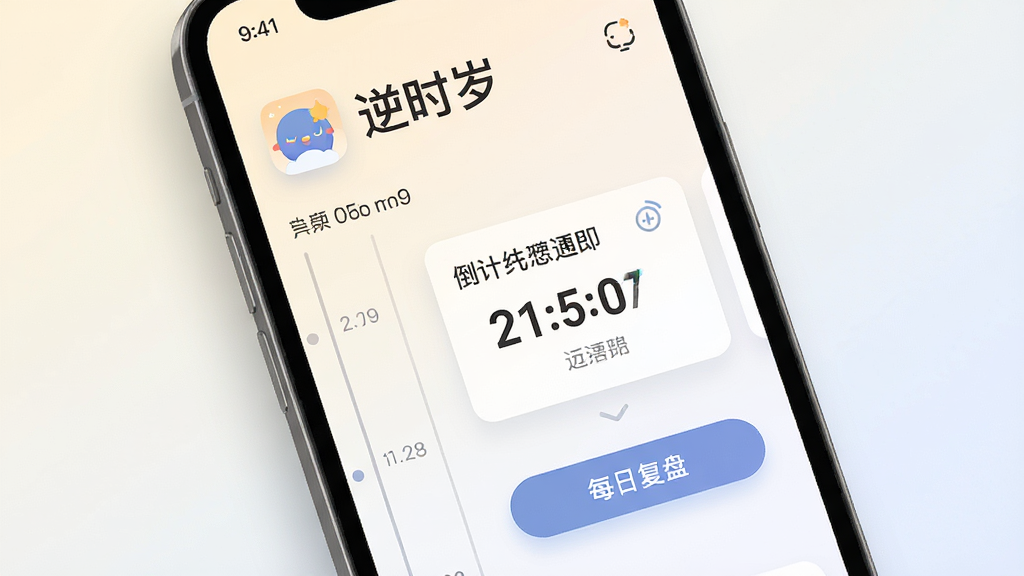 一张展示手机屏幕的图片,屏幕中显示“逆时岁”应用主界面,界面包含时间轴、倒计时卡片与每日复盘按钮,整体布局简洁清晰,背景为浅色渐变,风格现代扁平化,细节包含图标与文字“逆时岁”,画质高清,干净,无多余元素