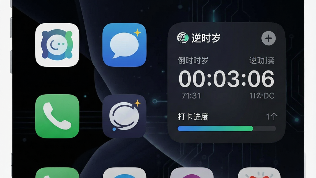 一张手机桌面截图风格的图片,画面中展示多个应用图标与“逆时岁”桌面小组件,小组件显示倒计时数字与打卡进度条,背景为深色壁纸,风格现代科技感,细节包含“逆时岁”文字标识,画质高清,干净,无多余元素