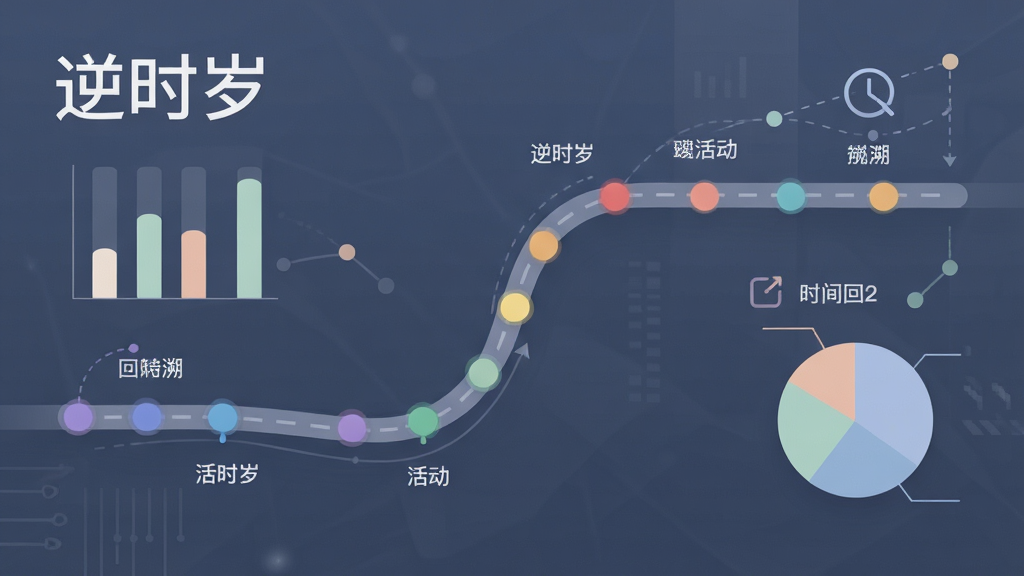 一张信息图表风格的图片,画面中央为一条弯曲的时间轴,轴上分布着不同颜色的小圆点代表各类活动,旁边有简洁的柱状图与饼图,整体色调柔和,风格商务简约,图中文字标注“逆时岁”与“时间回溯”,画质清晰,干净,无多余元素