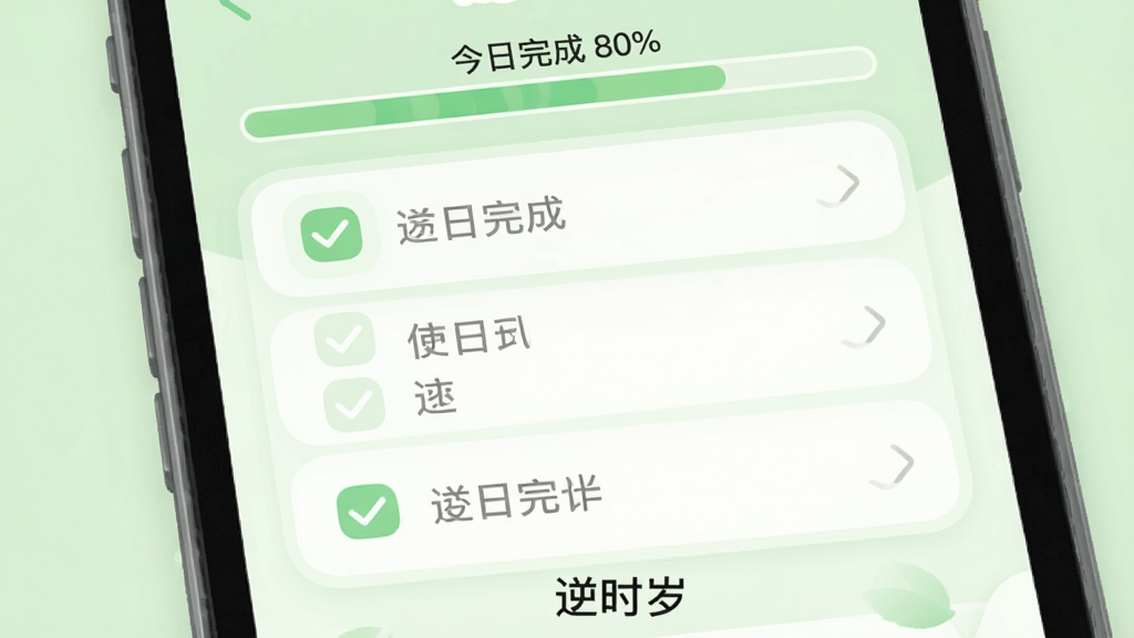 一张手机应用界面截图风格的图片,画面中显示习惯打卡列表,每个习惯前有勾选框,部分已打勾,顶部有进度条显示“今日完成 80%”,底部有“逆时岁”字样,整体配色清新浅绿与白色,风格柔和圆角,画质高清,干净,无多余元素
