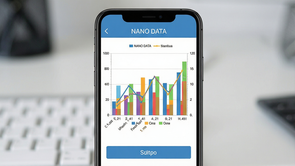 一张展示NANO DATA图表生成功能的界面图,画面中手机屏幕显示色彩丰富的柱状图和折线图组合,布局上下结构,排版清晰,风格为清新简约的商务风,细节包括图例、坐标轴和导出按钮,画质高清,干净无多余元素,图中文字标注“NANO DATA”