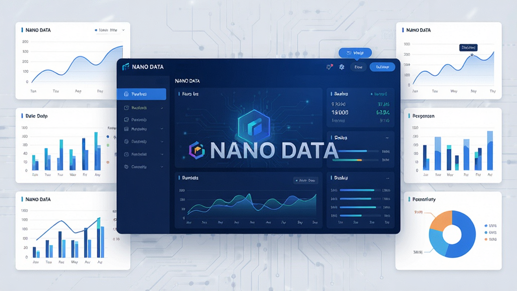 一张展示NANO DATA软件主界面的预览图,画面中央是软件标志性深蓝色数据仪表盘,周围环绕着折线图、柱状图和饼图元素,背景为简洁的浅灰色科技风格,布局清晰,排版对称,风格现代简约,细节包括数据卡片和悬浮按钮,画质高清,干净无多余元素,图中文字标注“NANO DATA”