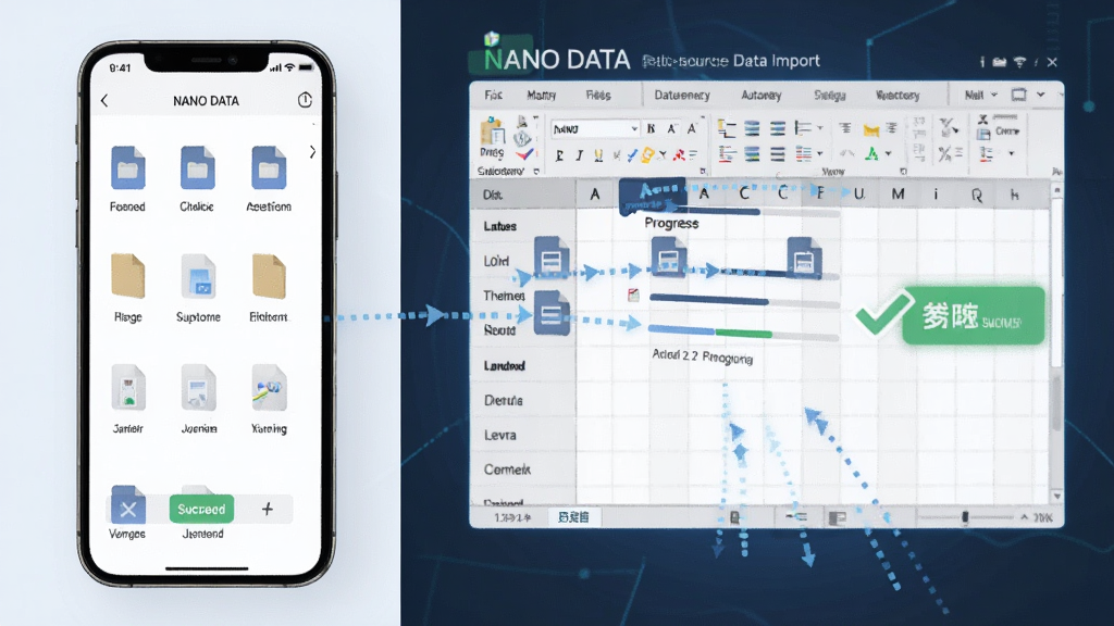 一张展示NANO DATA多源数据导入功能的场景图,画面左侧是手机屏幕显示文件选择列表,右侧是数据自动填充到表格中的动态效果,布局左右分栏,排版整洁,风格为扁平化科技风,细节包括文件图标、进度条和成功提示,画质高清,干净无多余元素,图中文字标注“NANO DATA”