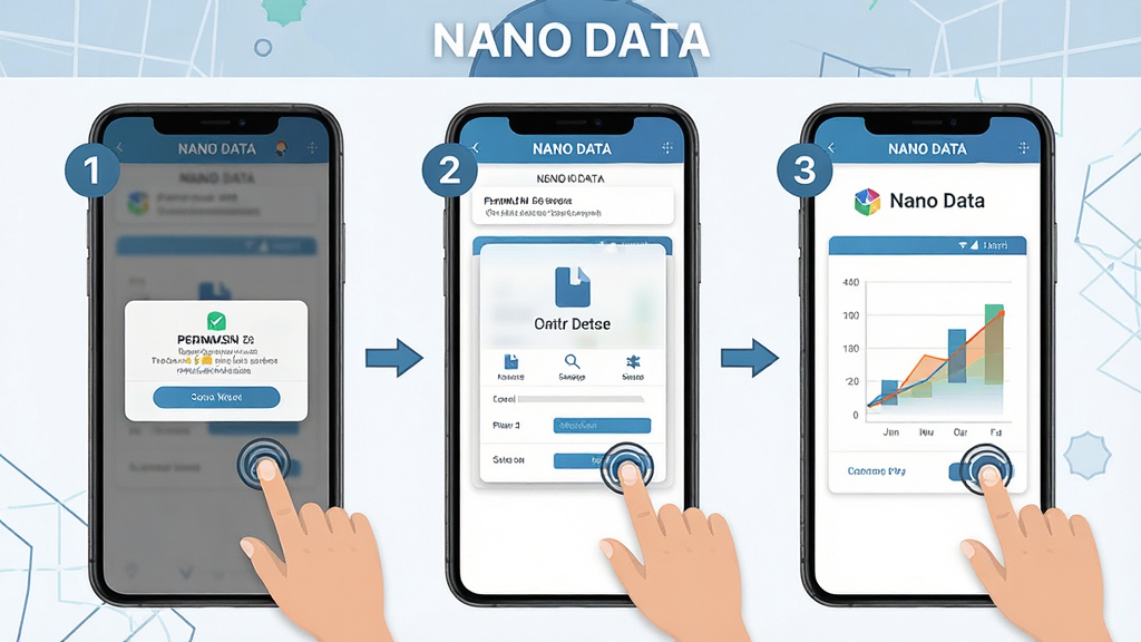 一张展示NANO DATA移动端操作教程的示意图,画面中手机屏幕显示分步操作指引,包括权限弹窗、文件选择和图表生成三个步骤,布局为纵向流程图,排版清晰,风格为扁平化教学风,细节包括手指点击图标和步骤序号,画质高清,干净无多余元素,图中文字标注“NANO DATA”
