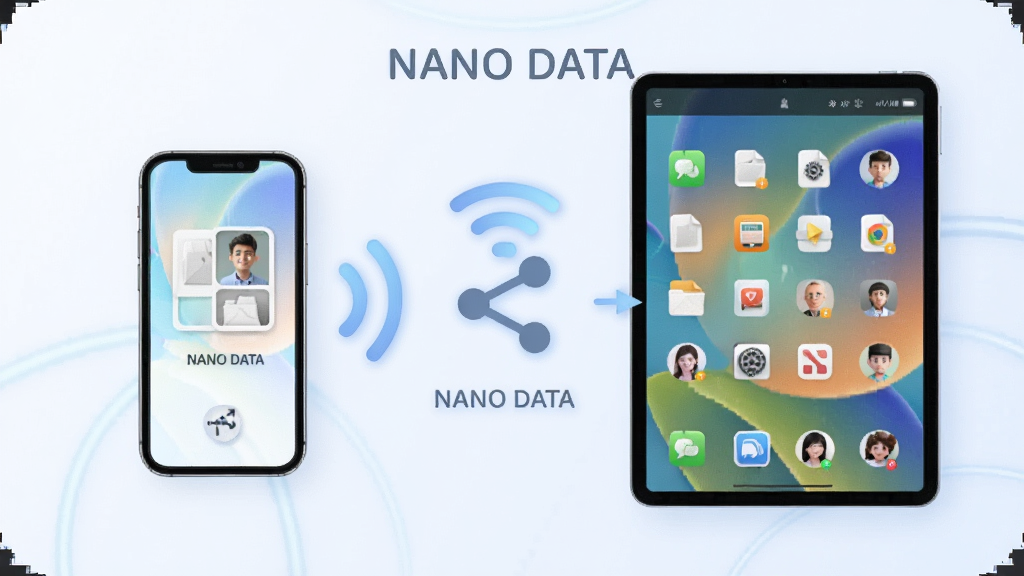 一张展示NANO DATA跨设备分享功能的示意图,画面中央是手机与平板之间通过无线信号传输数据图标,布局对称,排版居中,风格为柔和圆角科技风,细节包括分享箭头、文件缩略图和用户头像,画质高清,干净无多余元素,图中文字标注“NANO DATA”