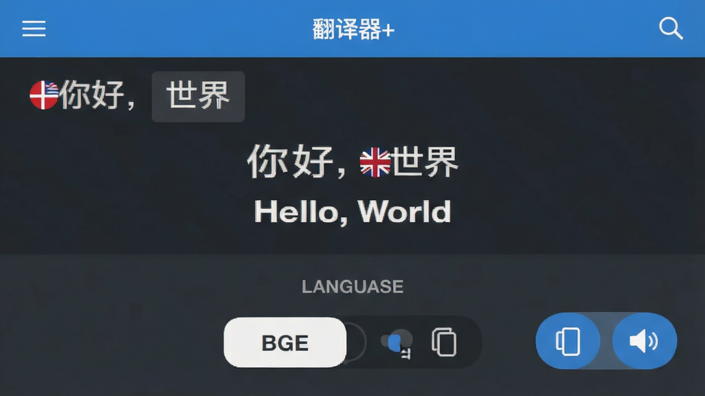 主体为“翻译器+”应用内部翻译界面,屏幕中央显示中文“你好,世界”与英文“Hello, World”对照结果,下方有语言切换按钮;布局采用上下分层,上方为输入区,下方为结果区;排版突出双语对照;风格为扁平化移动应用界面;细节包括清晰的字体、语言国旗小图标、复制与朗读按钮;画质清晰,干净无多余元素。