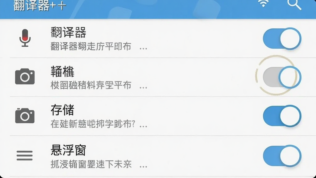 主体为“翻译器+”在安卓手机上的权限设置界面截图示意,画面中显示麦克风、相机、存储、悬浮窗四项权限开关;布局采用手机屏幕竖向构图;排版清晰展示权限名称与开关状态;风格为系统设置界面写实风格;细节包括权限图标、开关按钮高亮、提示文字;画质清晰,干净无多余元素。