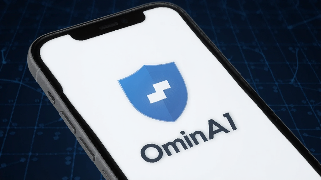 OminAI软件隐私安全主题预览图,画面中一部手机屏幕显示盾牌图标与OminAI文字,背景为深蓝色科技网格,风格简洁商务,无多余装饰,高清画质