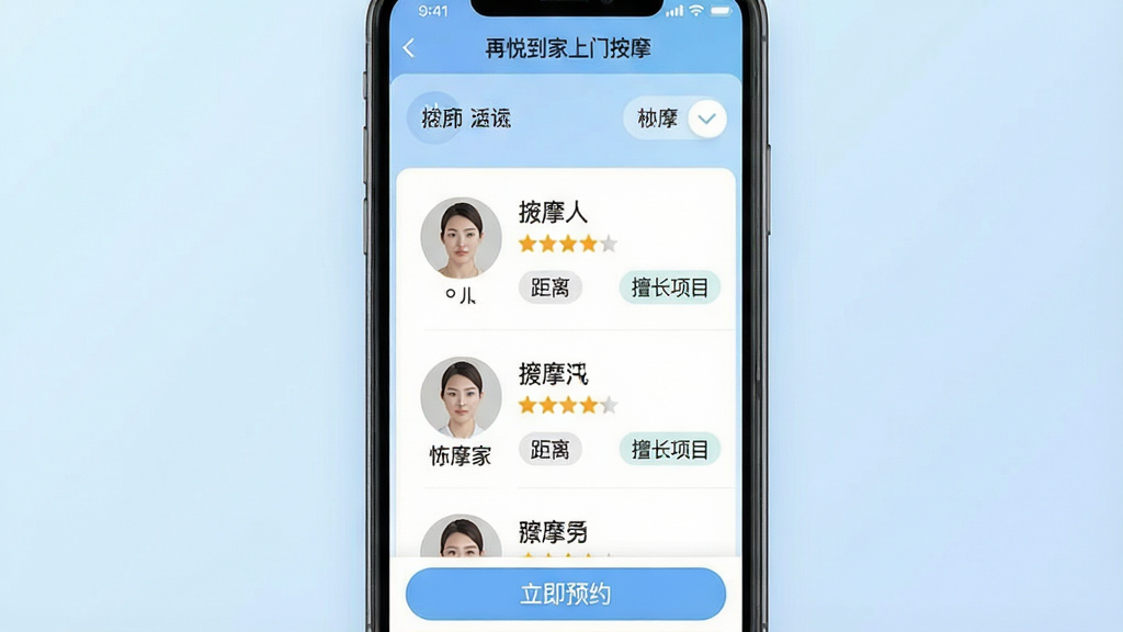 һ��չʾ���õ������Ű�ĦAPP������ʦ�б������ͼƬ����������Ϊ�ֻ���Ļ��д����Ļ��������ʾ��λ��Ħ��ʦ��Բ��ͷ�������������Ǽ���������ó���Ŀ��ǩ�����ֲ��þ��й�ͼ������Ϊ��͵�ǳ��ɫ���䣬���Ϊ��ƽ��UI��ƣ�ϸ�ڰ�����Ļ���������õ������Ű�Ħ�����⡢ɸѡ��ť�͵ײ��ġ�����ԤԼ����ť����������������ɾ����޶���Ԫ��