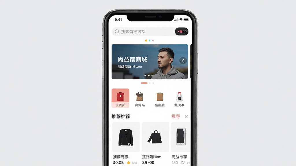 一张展示尚益商城移动端首页的界面截图,画面中央是手机屏幕,屏幕内显示尚益商城APP的首页,包含顶部搜索栏、轮播图横幅、商品分类图标和推荐商品列表,布局清晰,风格简洁现代,背景为浅灰色,整体画质干净明亮,无多余元素
